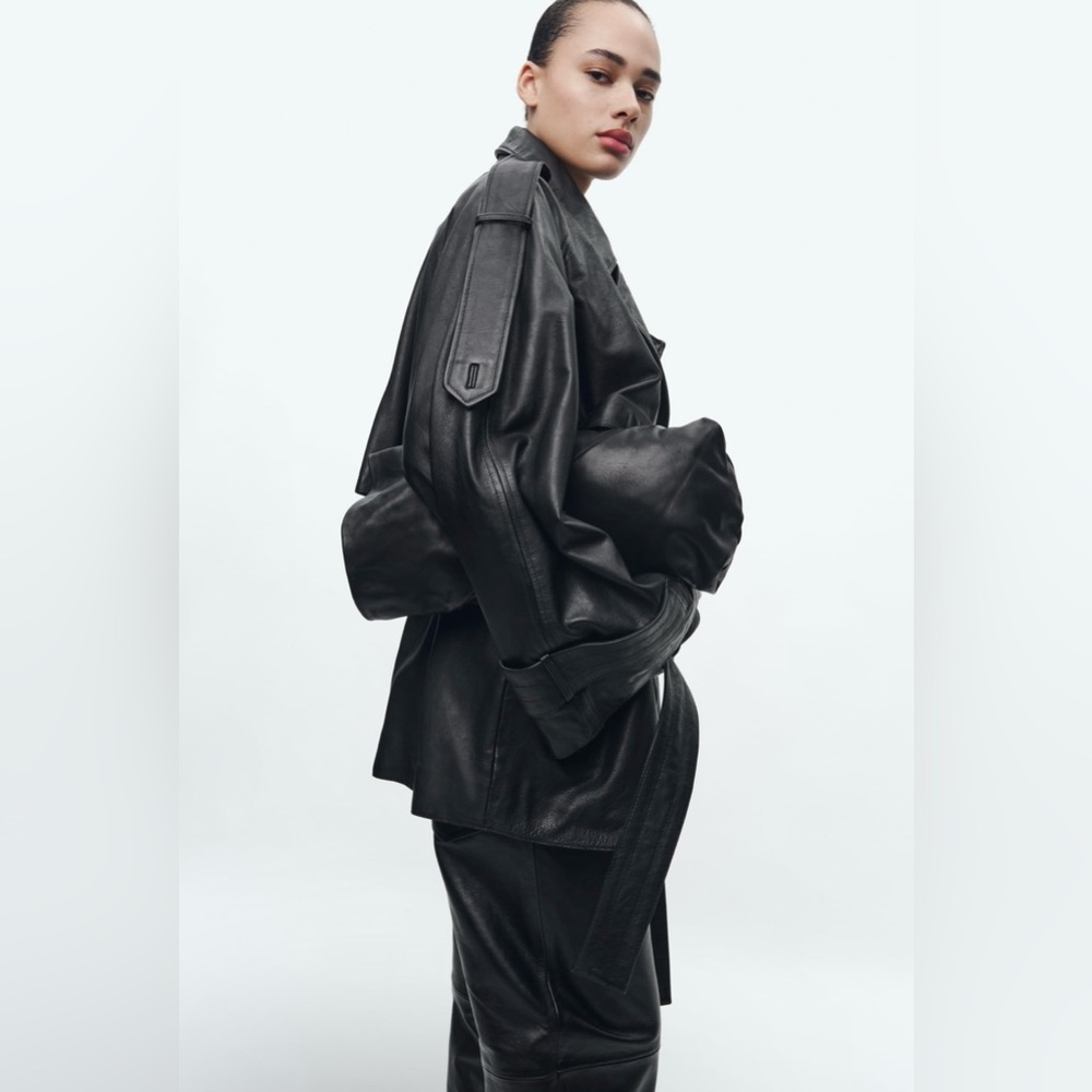Zara Black Oversized Leather Trench Coat with Belt - Picture 2 of 10